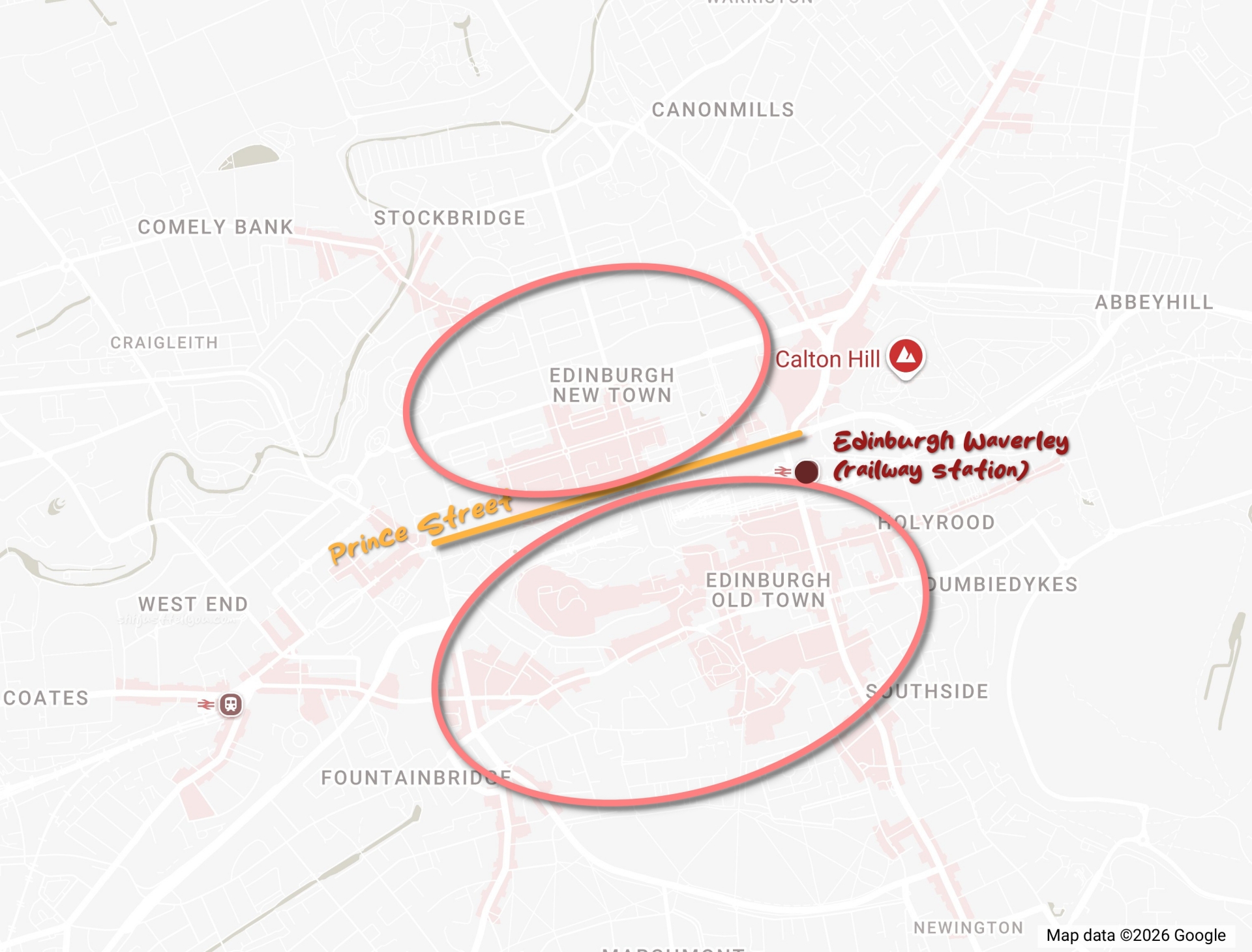 Map of Edinburgh Old Town and New Town showing the slope from Holyroodhouse to Edinburgh Castle